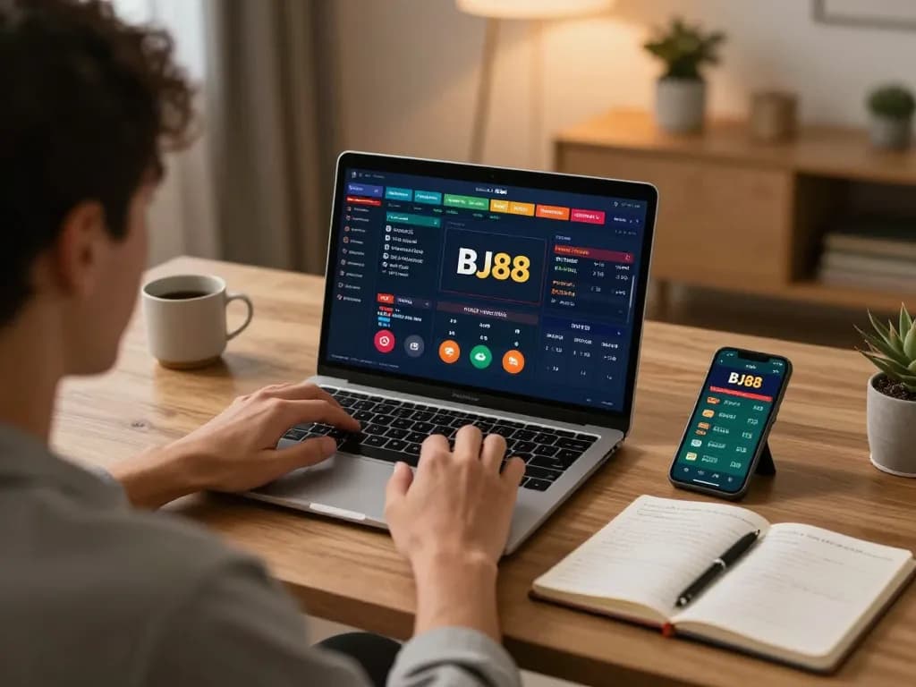 Engaging in sports betting on BJ88 from a cozy home office with a laptop and smartphone
