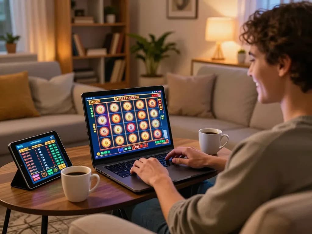 Player enjoying online gambling on pucuk138 platform from a cozy home setting with engaging reels.