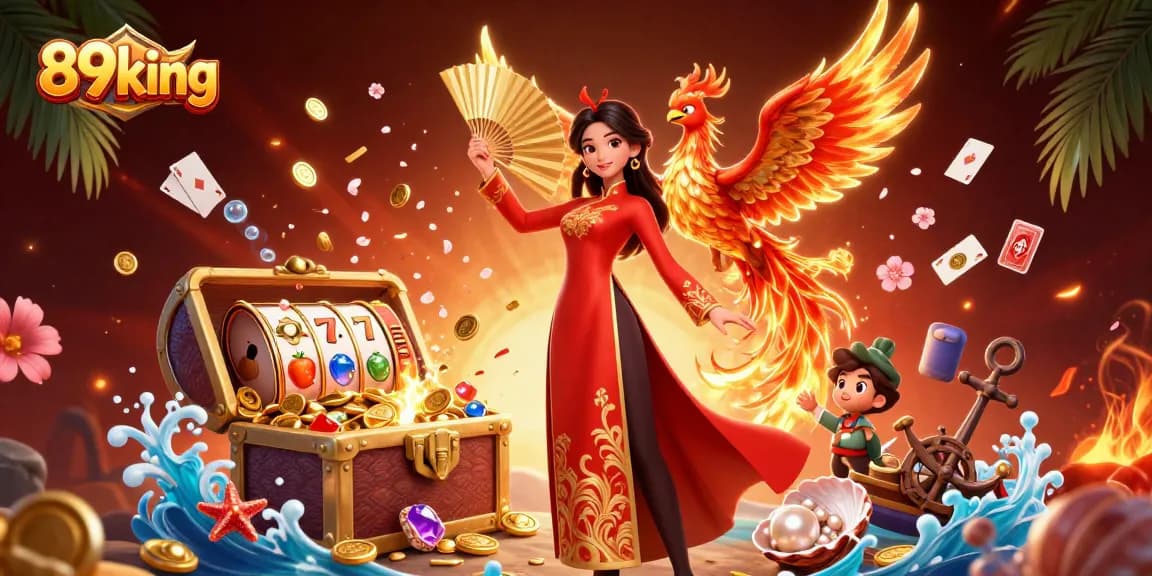 Engage with the vibrant 89king casino scene, featuring a woman and a phoenix amidst slot symbols and gold coins.