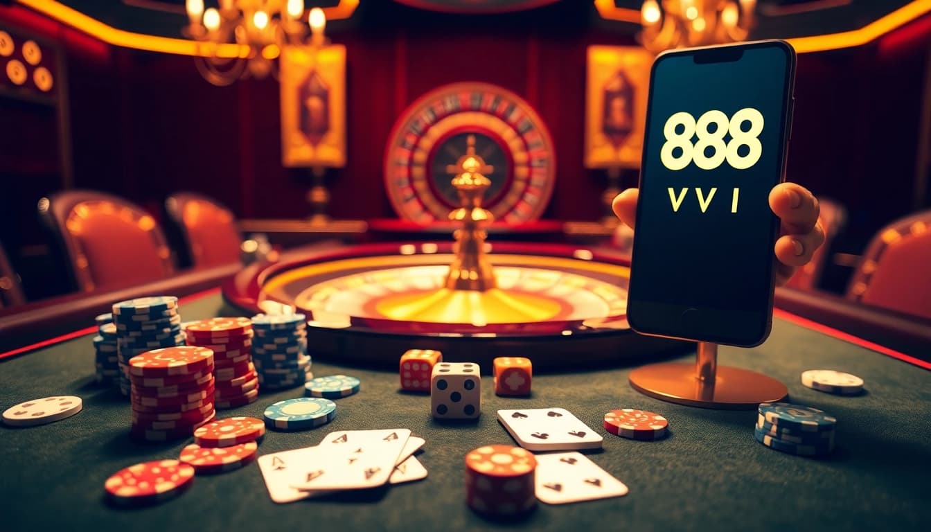 Experience high-stakes action with 888VI at a luxurious casino table surrounded by vibrant poker chips and cards.