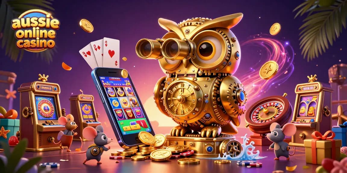 Aussie online casino illustration featuring a golden owl and wind-up mice amidst dynamic casino elements.