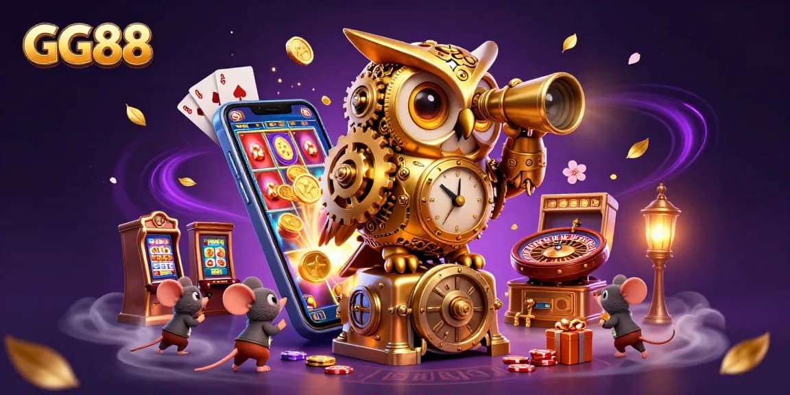 Spin to win at GG88 with a golden owl and whimsical casino patrons on a vibrant casino floor.