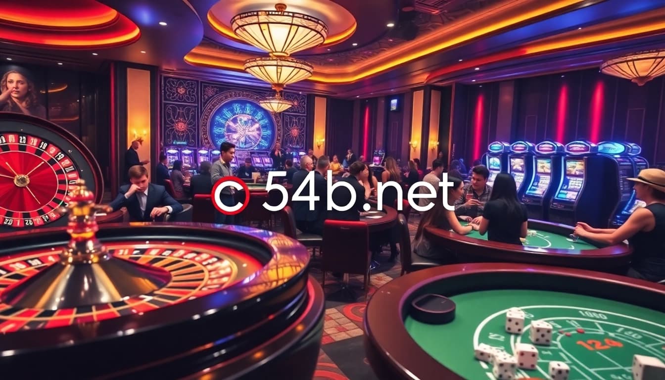 A thrilling gambling scene showcasing c54.gb.net featuring roulette, poker, and vibrant players in action.