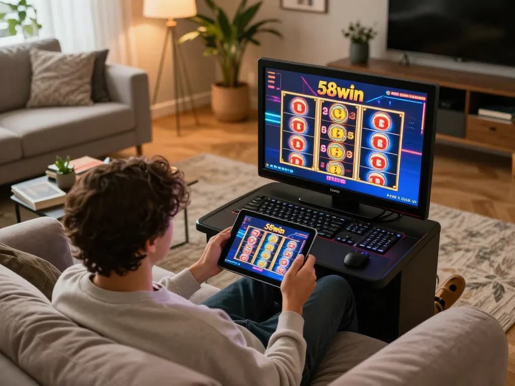 Engaging gameplay at 58wiin, person enjoying online slots on a tablet in a cozy home setting