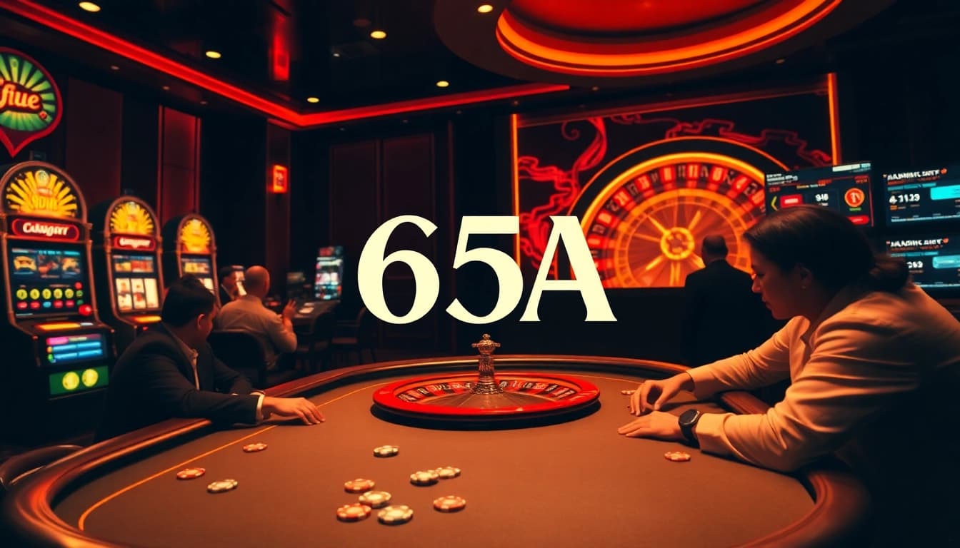 Experience the thrill of 65A casino with players at a poker table and vibrant slot machines.