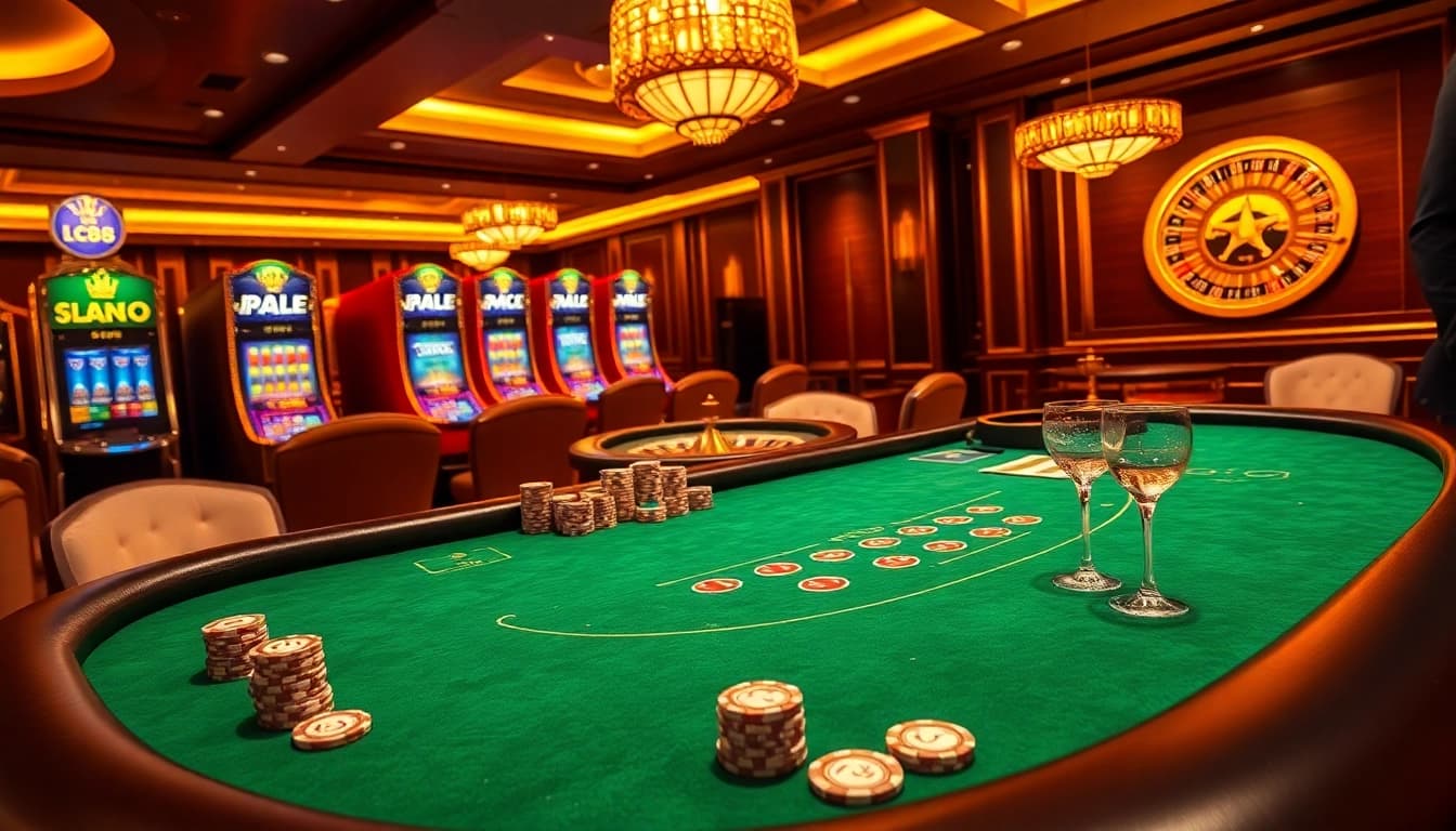 Engaging gamblers at an LC88 blackjack table with vibrant atmosphere and luxurious decor.