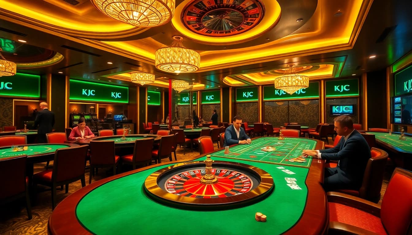 KJC casino scene with players at poker tables and vibrant roulette wheel, showcasing excitement and luxury.