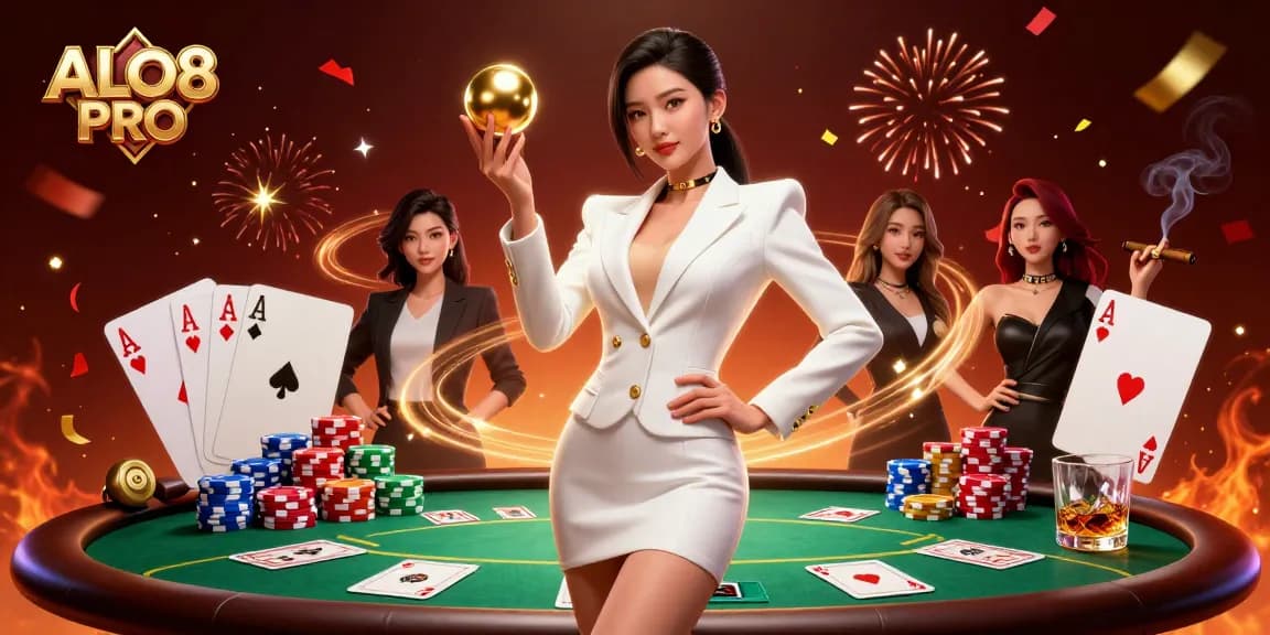 Experience the excitement of ALO8 PRO with a stunning casino scene featuring a glamorous Asian woman holding a roulette ball.