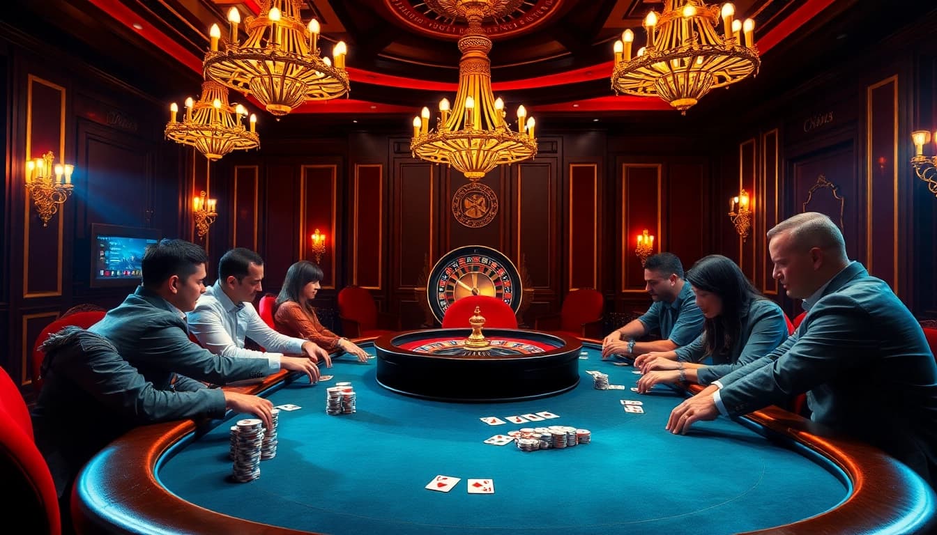Players enjoy a thrilling poker game at a luxurious table, integrating aspects of https://kjc.football/ online gambling.