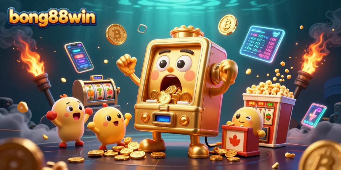 Experience the excitement of bong88win with vibrant slot machines and golden coins pouring from jackpots.