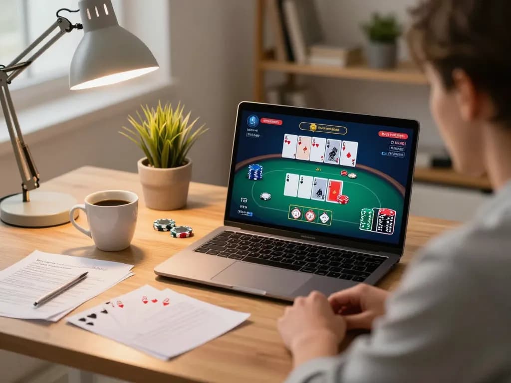 Player using laptop to engage in strategic online poker gaming for DA88.