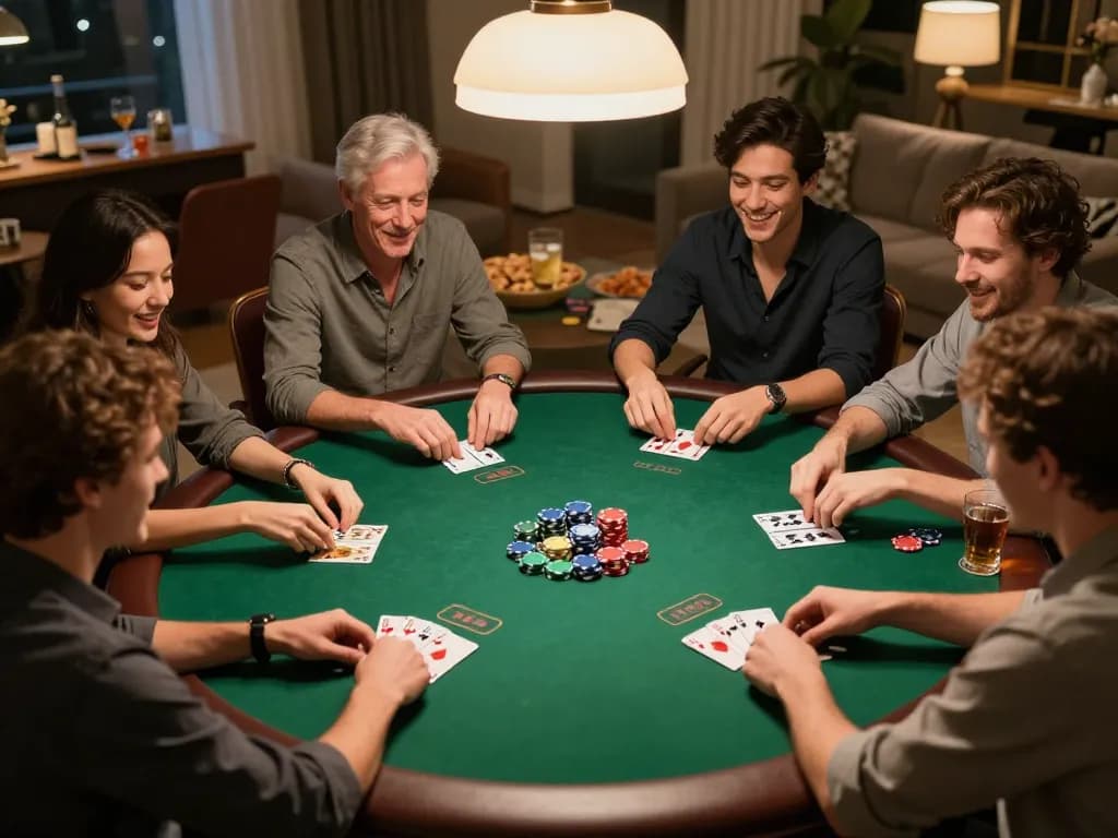 Social gathering at nhà cái rr88 poker night, friends enjoying a friendly competition with chips and cards.