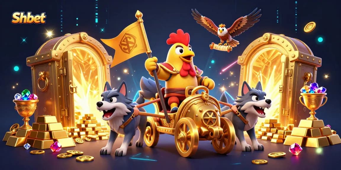 Shbet showcases a thrilling 3D illustration of gaming excitement with a rooster warlord and treasure.