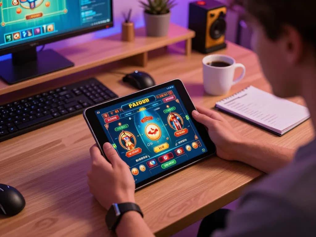 Engaging in online gaming at home with TA88 uy tín app displayed on tablet, highlighting responsible gambling.