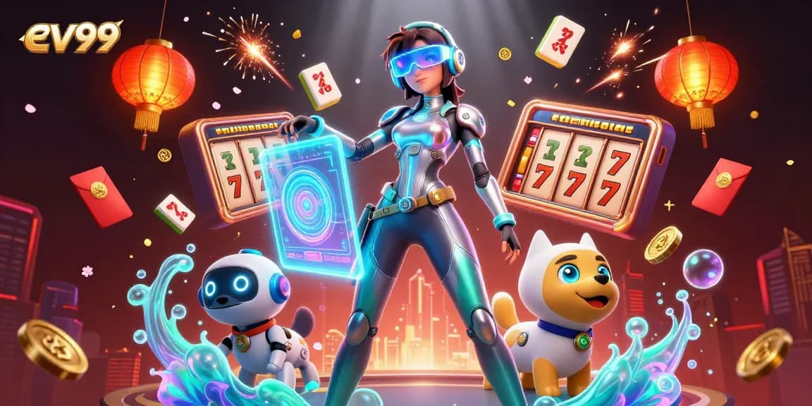 Engage with ev99 at an electrifying casino scene featuring vibrant slot reels and a stylish avatar.