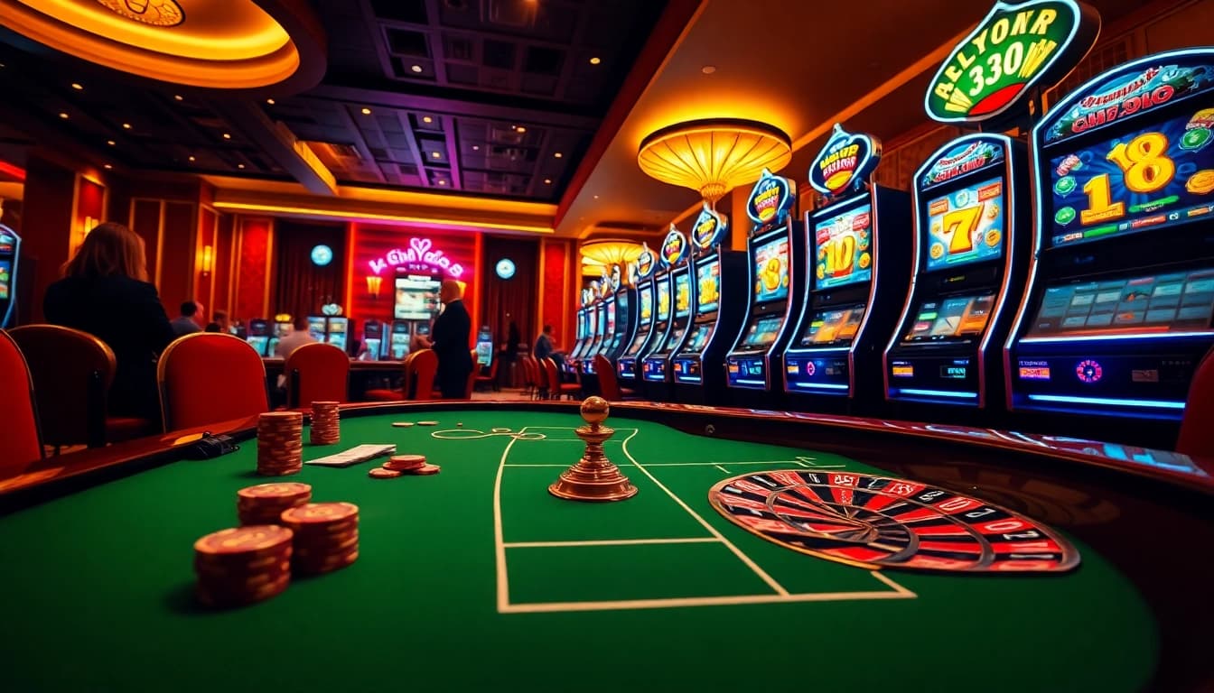 Players enjoying a thrilling game at Hello88 casino with vibrant tables and slot machines.