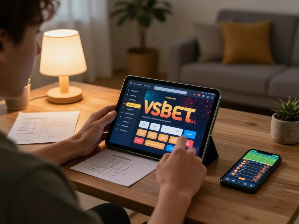 Engaged player enjoying Vsbet online gaming on modern tablet in cozy home setting.