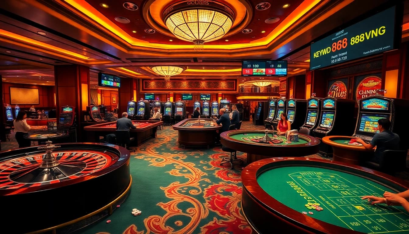 Gambling excitement at a casino with poker chips and slot machines showing 888vnd.