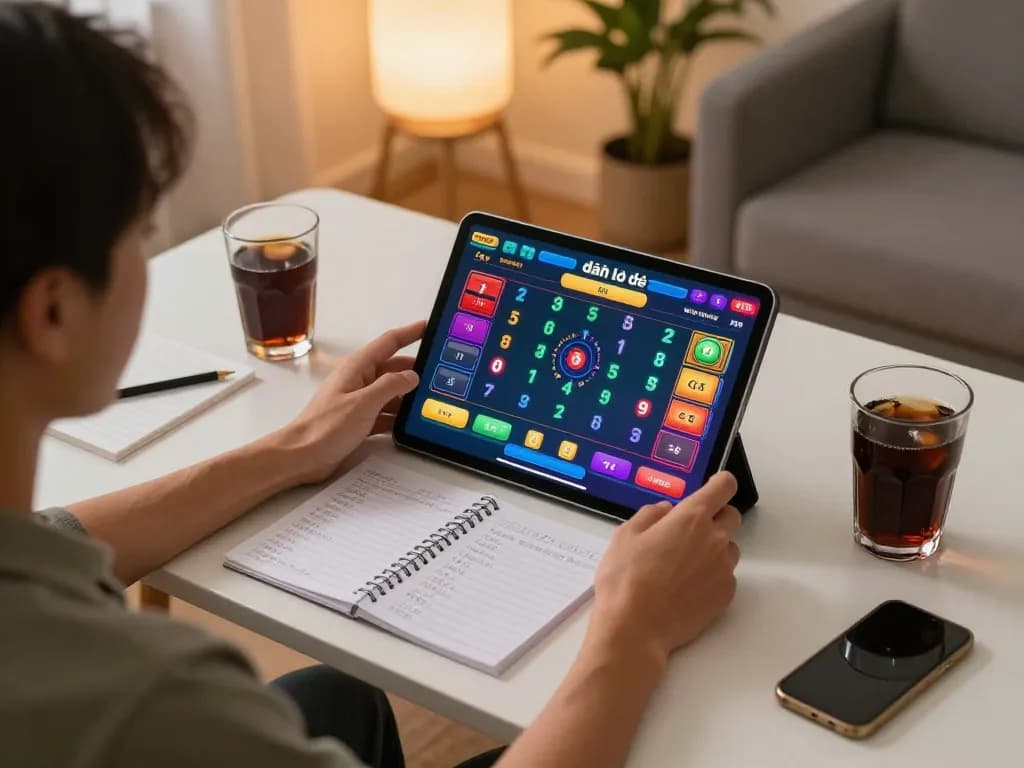 Engaging in đánh lô đề online with a vibrant tablet display and strategic notes at a stylish home setup.