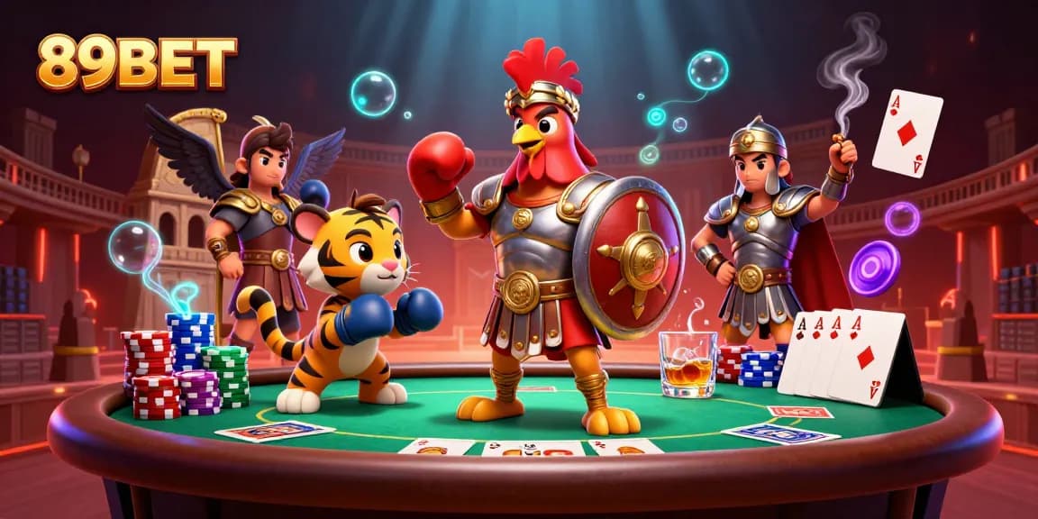 Experience the thrill at 89BET with a vibrant 3D scene featuring action-packed poker elements.