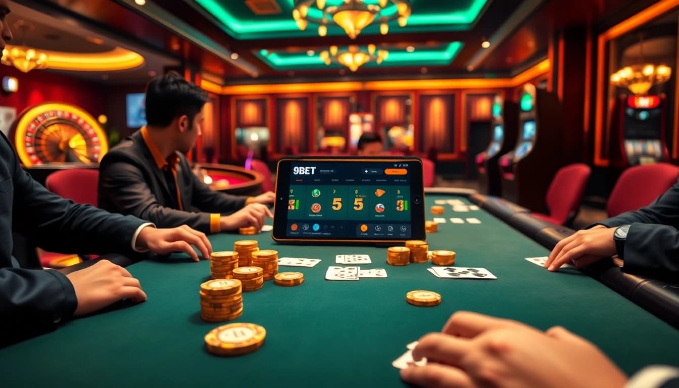 Players placing bets and enjoying card games at Nhà cái 9BET casino, showcasing an exciting gambling experience.