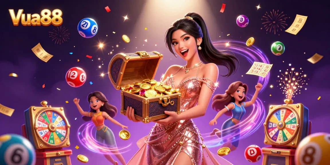 Vua88 showcases a joyful moment with a lucky winner and exciting lottery elements.