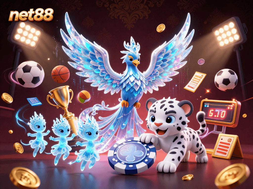 Engage with net88's thrilling gaming scene featuring a vibrant ice phoenix and sports elements.