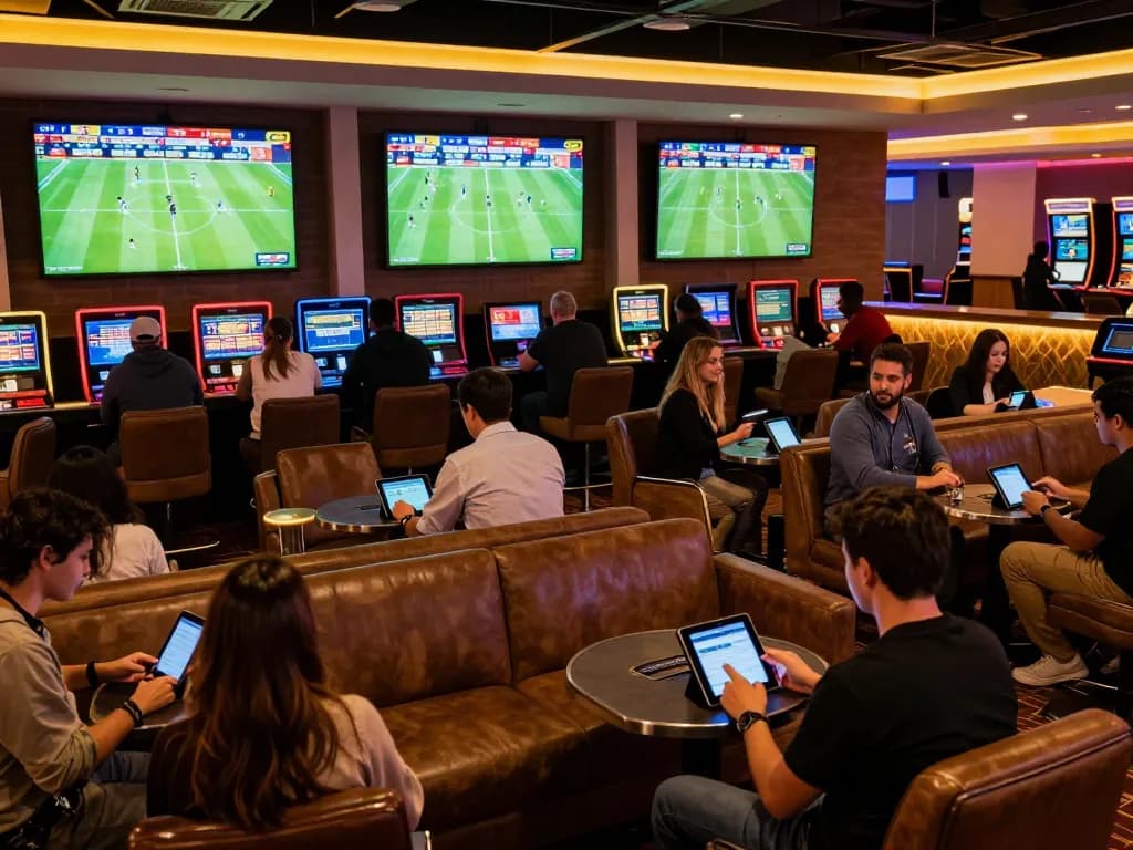 Patrons engaged in sports betting on Okwintv in a lively casino lounge, screens showing live matches.