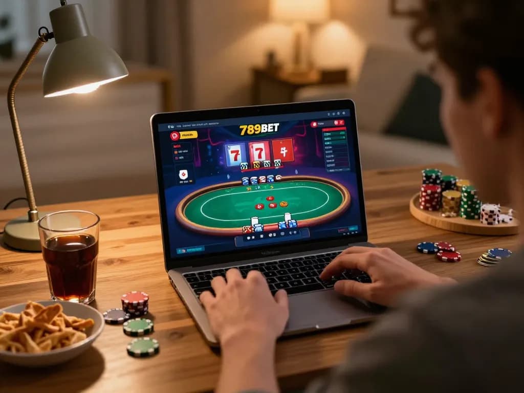 Player engaging in online poker at 789BET, focused on a winning strategy in a cozy home setting.