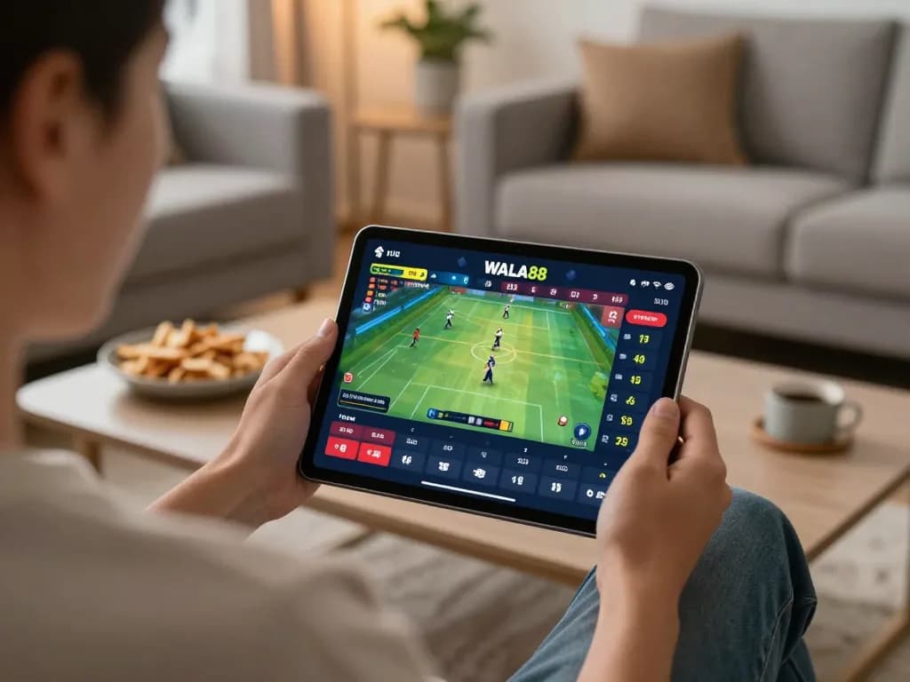 Betting on đá gà online wala88 through a tablet in a cozy home setup, showcasing live match excitement