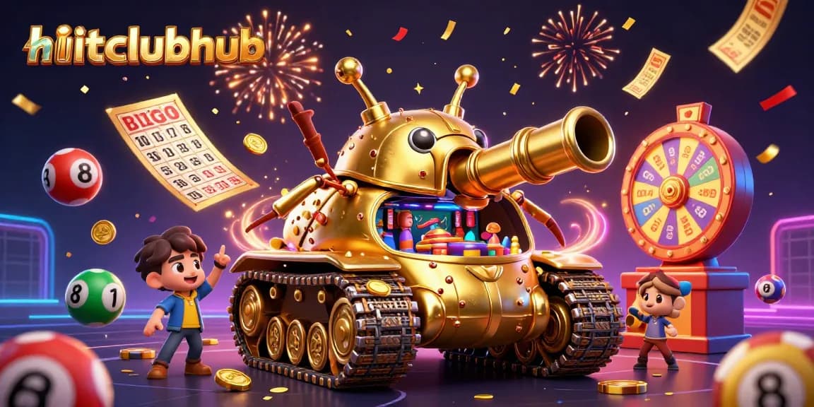 Experience excitement with hitclubhub, featuring a golden casino beetle tank amidst vibrant lottery balls.