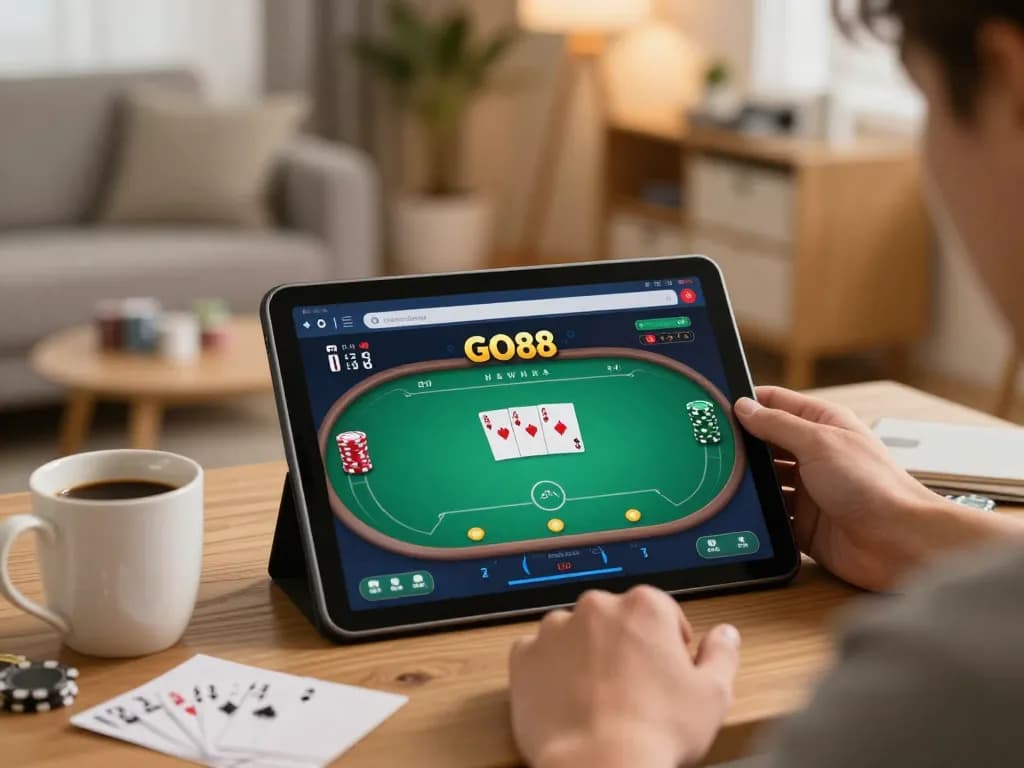 Engaging in GO88 app gameplay on a tablet while analyzing betting strategies at home.
