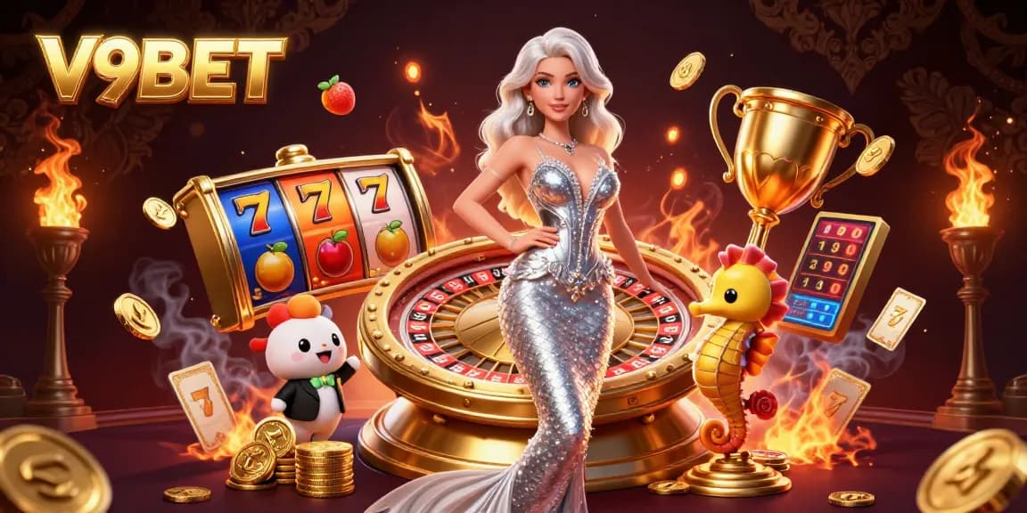 Engage with thrilling slot games at V9BET featuring a stunning illustration of a casino atmosphere.