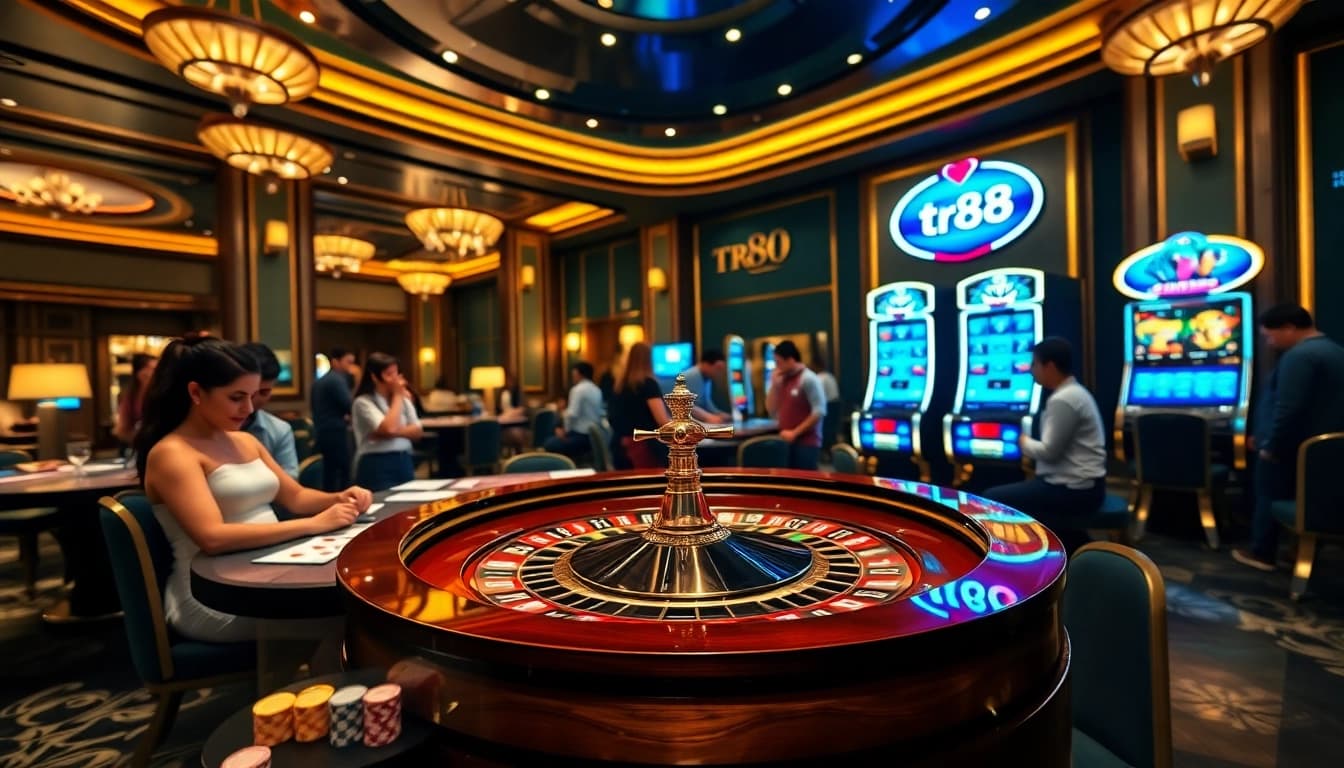 Engage in thrilling gaming action at the luxurious casino scene featuring tr88 tables and vibrant machines.
