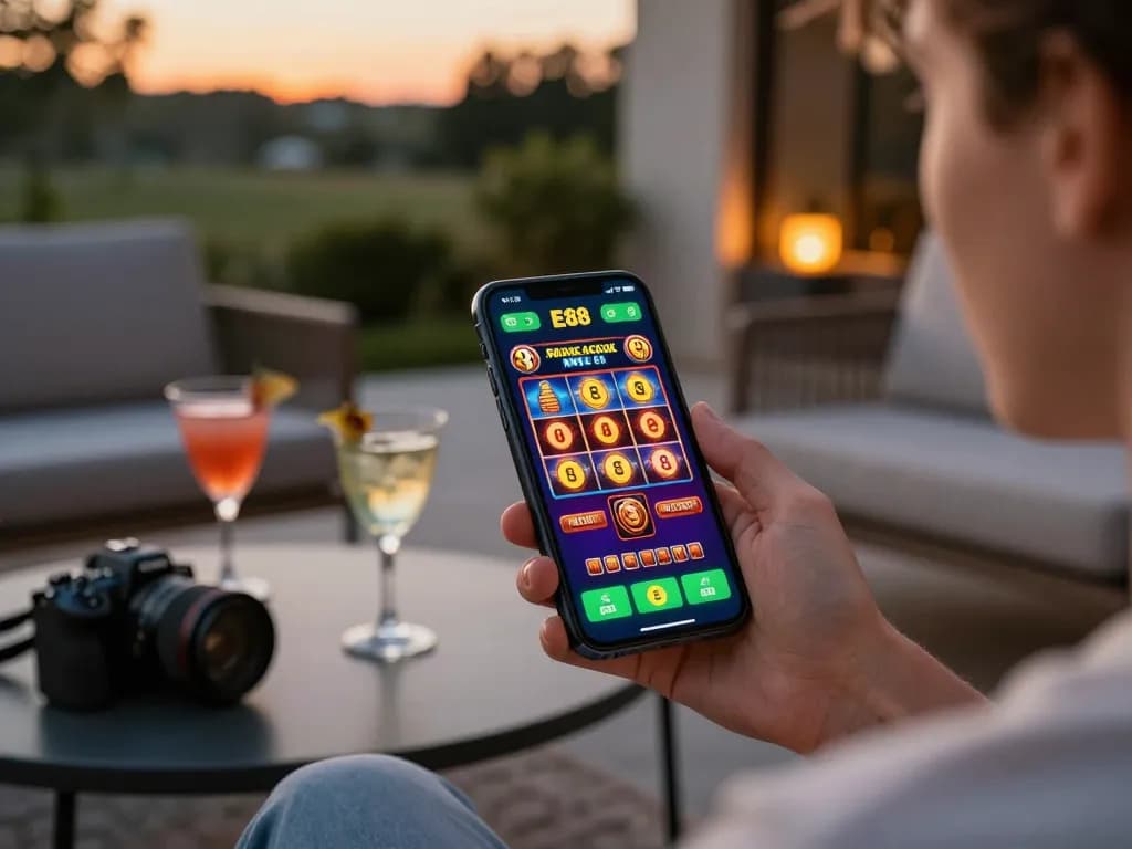 EE88 gaming app showcasing an exciting slot game on a smartphone held by a player.
