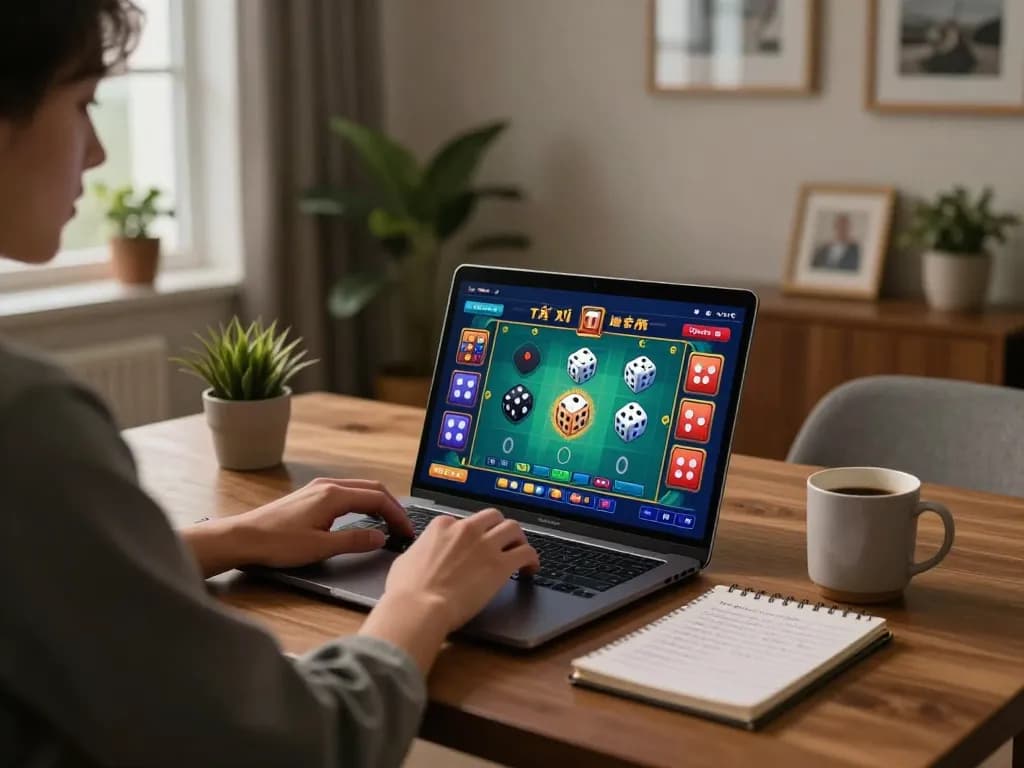 Engaging player focusing on Tài Xỉu online gameplay with strategic notes nearby.