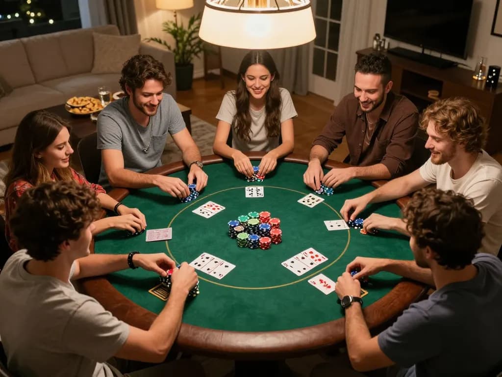 Friends engaged in a lively poker game night at home showcasing the fun of 888bgo entertainment.