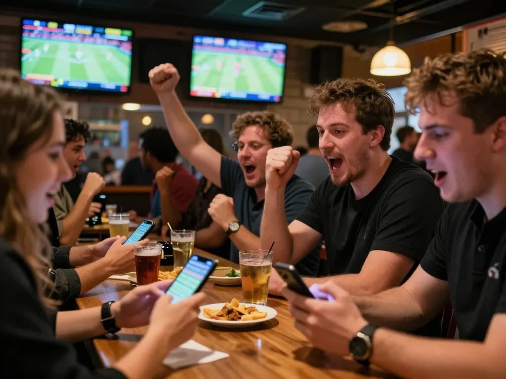 Excited friends discussing their fabet sports bets at a lively bar with multiple screens showing games.
