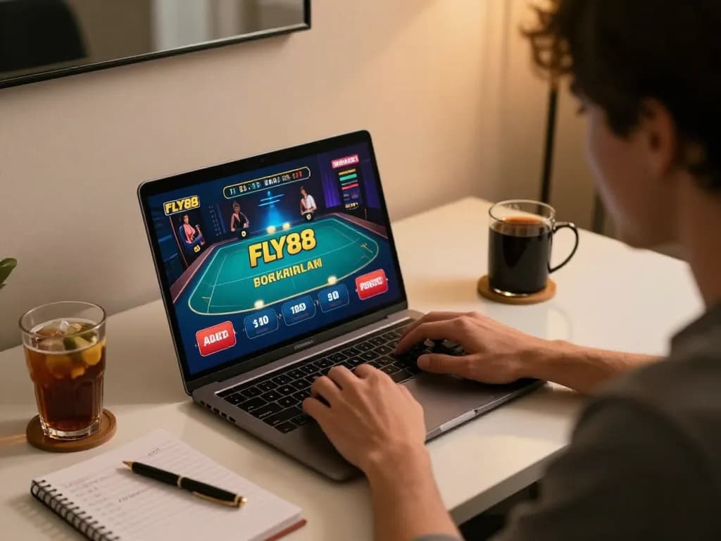 Player enjoying FLY88 online casino experience at home with a sleek gaming setup
