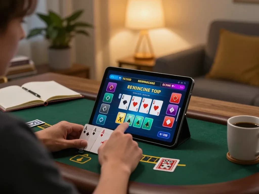 Engaging gaming moment at https://www.mnm88.com/ while playing blackjack on a tablet in a cozy home atmosphere.