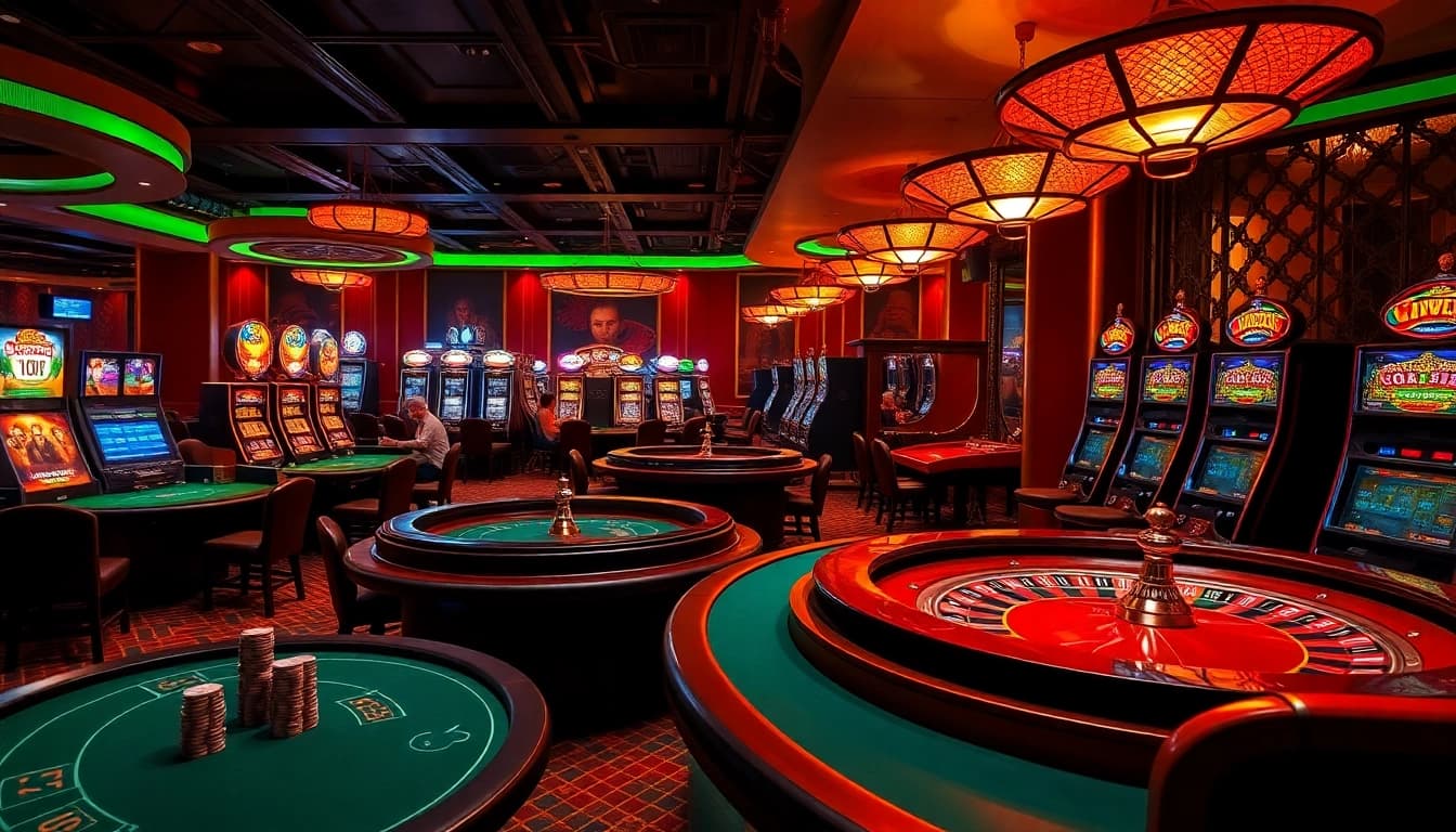 Engaging gambling action at 11uu with players at poker tables and vibrant slot machines.
