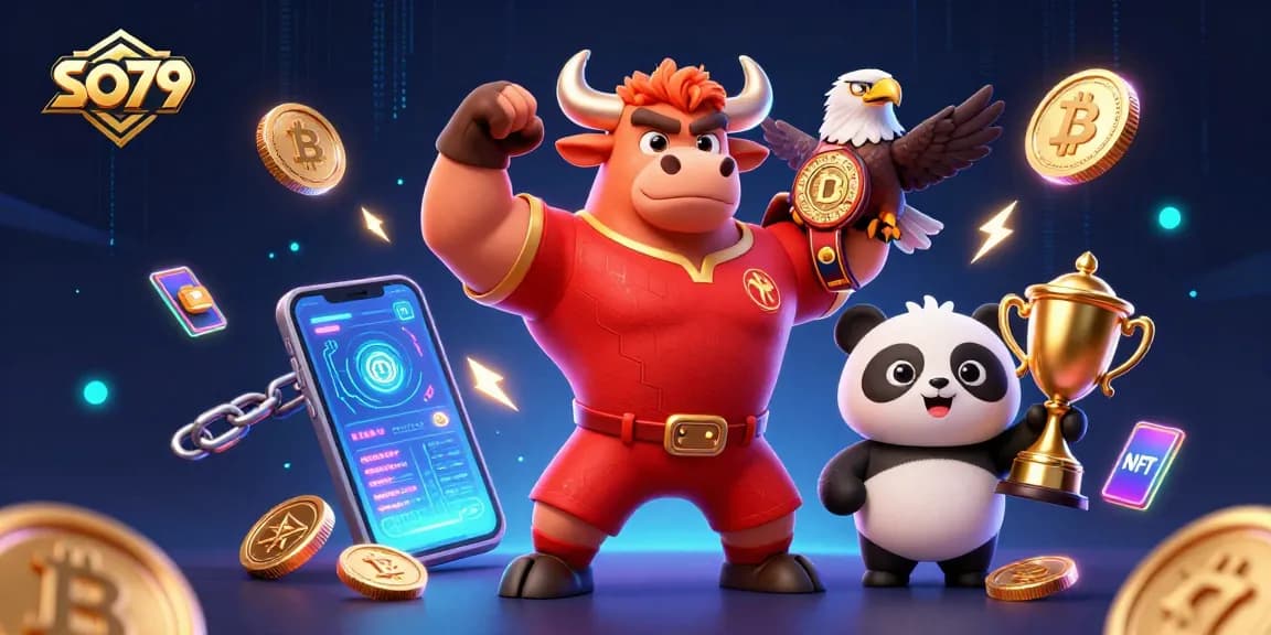 SO79 wins big with a victorious bull, eagle champion, and panda trophy in a vibrant casino scene.