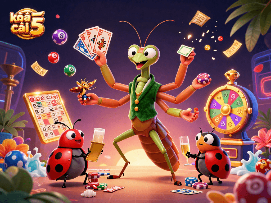Engage with kèo nhà cái 5 while enjoying vibrant lottery elements and casino characters in an exciting scene.