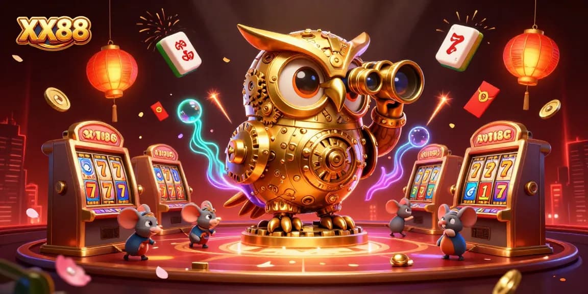 Engage in exciting gameplay at XX88, where players interact with dazzling slot reels amidst vibrant casino elements.