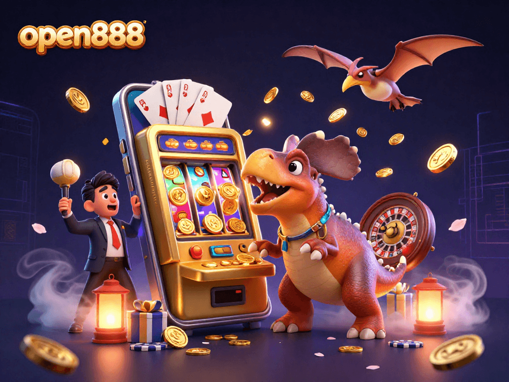 Experience open888 excitement with a pachycephalosaurus triggering a jackpot at a casino.