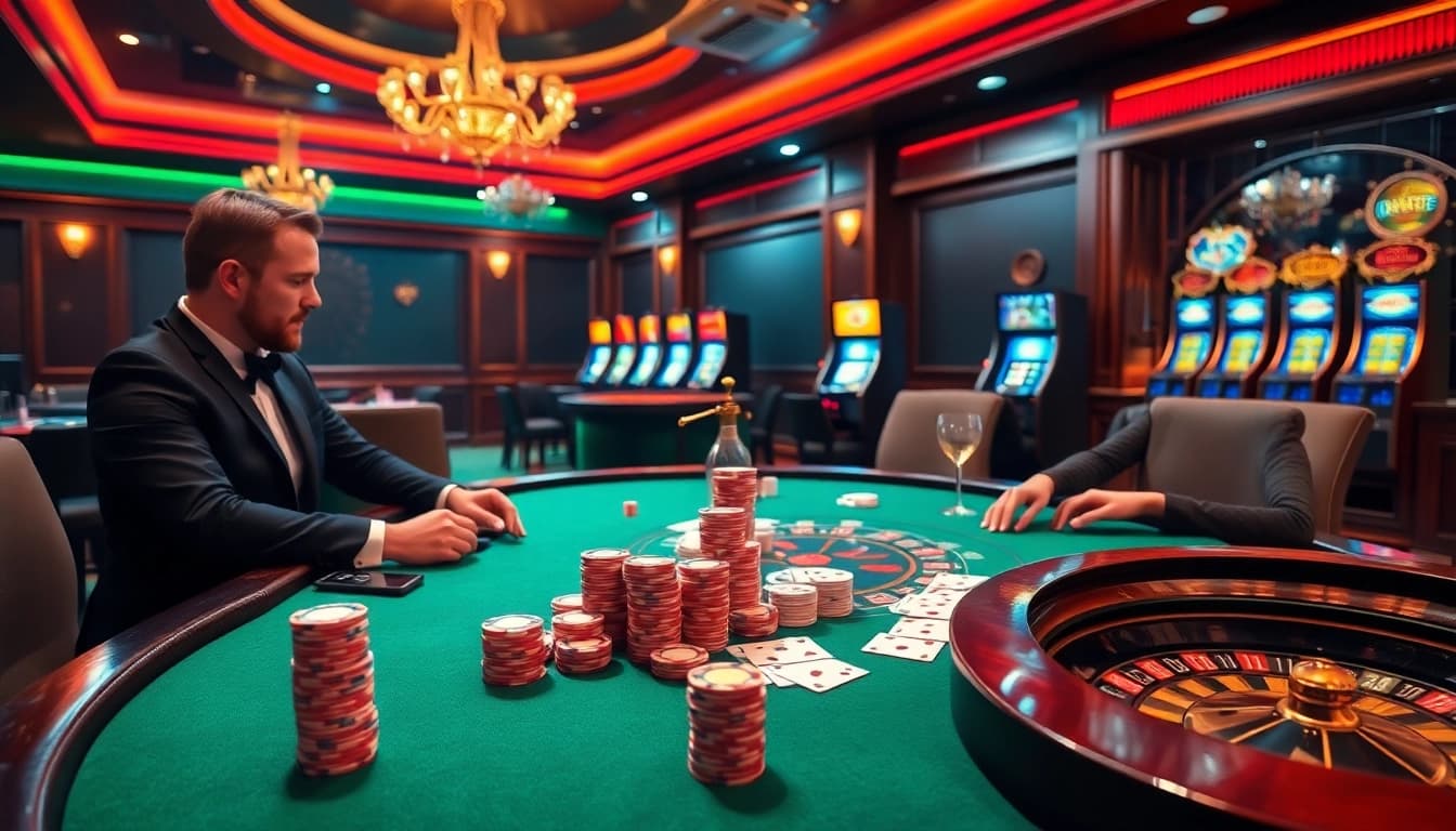 Experience high-stakes excitement at a poker table, featuring the vibrant atmosphere of https://tr88.study/.