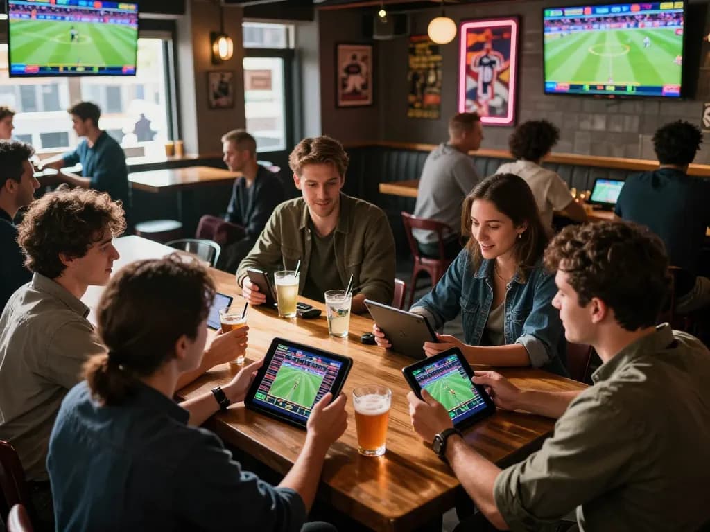 Watch friends strategize their sports bets on the 577F platform amidst a lively bar atmosphere.