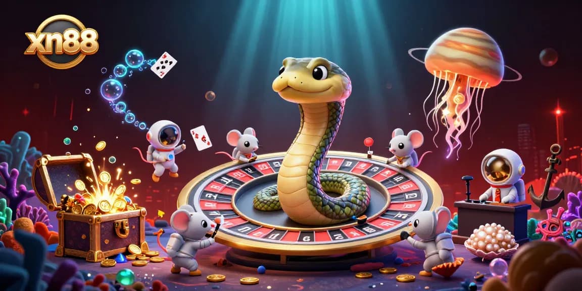 Experience thrilling moments at xn88 with captivating cosmic casino illustration featuring array of playful elements.
