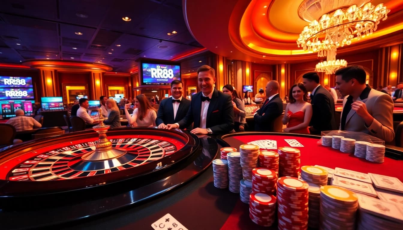 Experience the thrill of RR88 at a vibrant casino table with excited players and colorful chips.