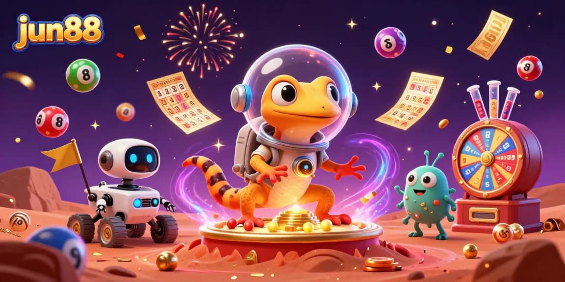 Engage with jun88's exciting casino adventures featuring a Martian gecko in a vibrant scene.